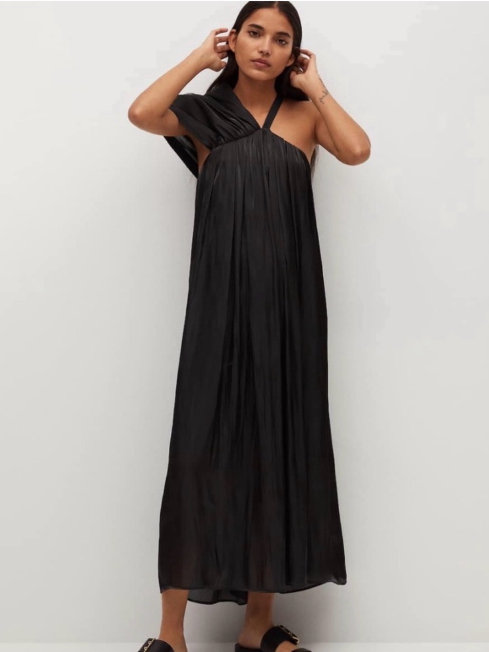 Mango Black One-Shoulder Pleated Maxi Gown satin dress
